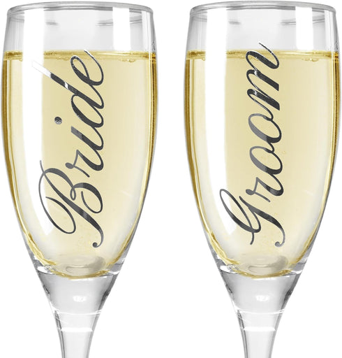 BANBERRY DESIGNS Bride and Groom Champagne Glasses Set of 2 - Elegant Toasting Flutes Silver Wedding Champagne Set (6