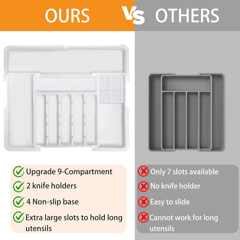 Homecor Silverware Organizer for Kitchen Drawers, Expandable Utensil Organizer & 2 Knife Block, BPA Free Flatware and Cutlery Holder, Adjustable Plastic Storage for Spoons Forks Knives(Clear) by Homecor