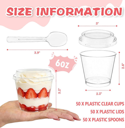 50 Pack 6 oz Plastic Dessert Cups with Lids and Spoons, Clear Round Pudding Parfait Shooter Jello Fruit Cups for Party