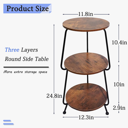 3 Small Round Side Table- Tier End Table with Storage Shelf, Slim Industrial Coffee Table for Small Spaces, Living
