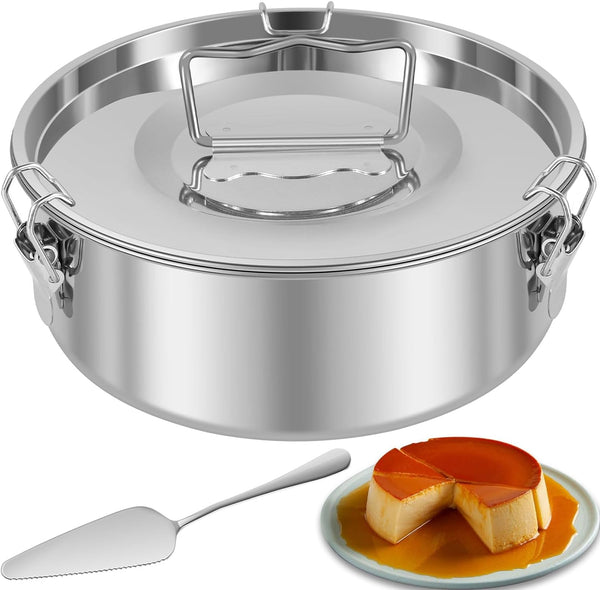 Flan Mold with Lid, Stainless Steel Baking Pan with Handle, 1.5QT Capacity for Cheesecake, Cupcake, Pudding