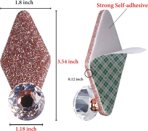 4 Pack Diamond Shaped Crystal Glass Wall Hooks, Rose Gold Jewelry Organizer for Hats, Necklaces, and Clothes