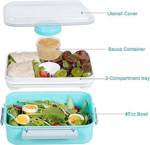 shopwithgreen 3 Pack Salad Food Storage Container to Go, 47-oz Bento Box with 3-Compartment, for Sandwich, Fruit, Lunch, Snacks, Pasta, School & Travel (Blue & Blue & Blue)