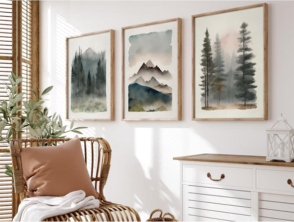 Mountain Forest Wall Art Decor, Watercolor Landscape Canvas Pictures, 12x16 Inch Unframed Set of 3