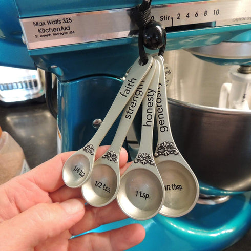 Amazing Woman Measuring Spoon Set, Decorative Kitchen Accessories, 4 Spoons, Engraved Pewter and Silver Enamel