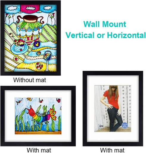 RPJC 11 x 14 Picture Frames - Solid Wood with High Definition Glass, Display 8x10 with Mat or 11x14 Without Mat