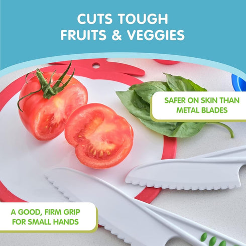 3-Piece Nylon Knives for Kids Curious Chef - White & Green - Child Safe & Serrated Blunt Tip Chef Knives - Safe for