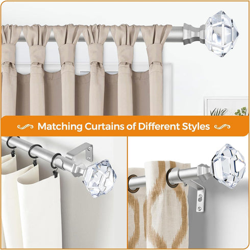 TONIAL Curtain Rods: 32 to 58 Inch Telescoping Decorative Drapery Rod with Acrylic Diamond Finial, Nickel Finish