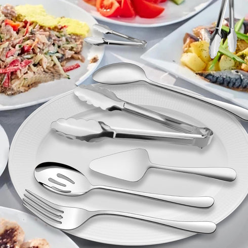 XEVOM 6-Piece Stainless Steel Serving Utensil Set, Includes Serving Spoon, Fork, Slotted Spoon, and Tongs