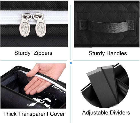Under Bed Shoe Storage Organizer, Set of 2, Adjustable Dividers, Sturdy Zipper, Clear Window, Black