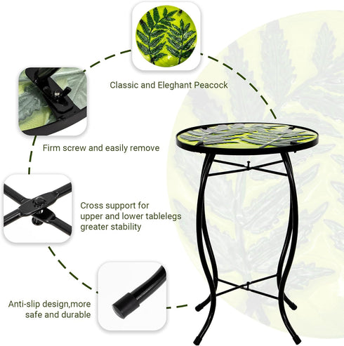 Decor10 Inch Subtropical Leaf Small Patio Table,Outdoor Side Table,Outdoor Bar Table,Metal Glass End Table for Porch