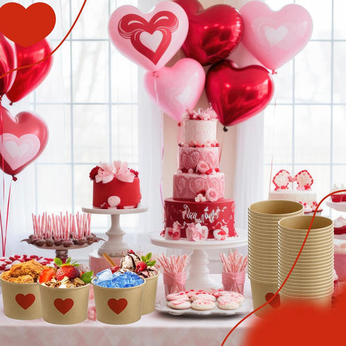 Hsei 60 16oz Pcs Valentine's Day Disposable Soup Bowls Heart Ice Cream Cups Snack Paper Bowls Dessert Sundae Yogurt