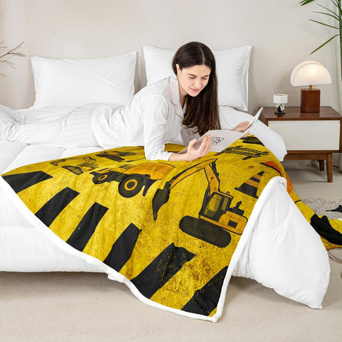 Erosebridal Excavators Flannel Blanket Equipment Trucks Sherpa Blanket Construction Tractor Throw Blanket, Yellow