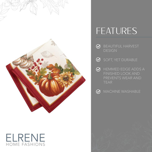 Elrene Home Fashions Swaying Leaves Bordered Fall Napkins, 17" x 17", Set of 8 for Seasonal Dinner