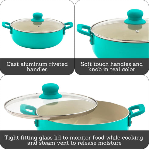 IMUSA USA Tea Caldero (Dutch Oven) with Glass Lid, 2-Quart Ceramic Interior, Teal
