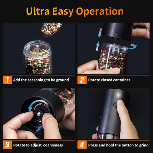 Electric Salt and Pepper Grinder, USB Rechargeable with Warm LED Light, Adjustable Coarseness, Large Capacity, Black