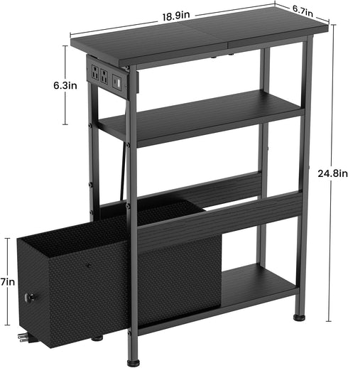 1 Creso hom Narrow Side Table with Charging Station and LED Light, Small End Table with Fabric Drawer, Skinny