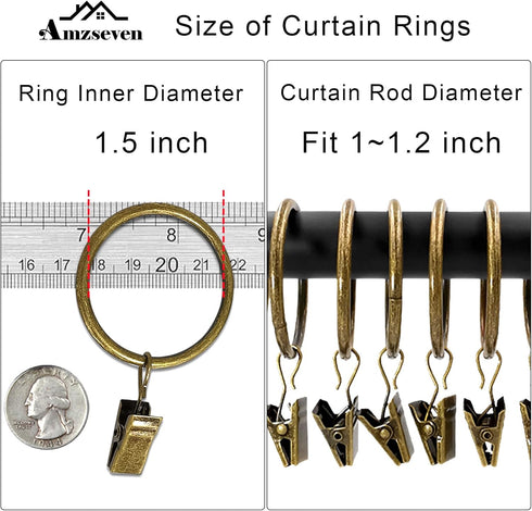 40 Pack Metal Curtain Rings with Clips, Decorative Drapery Hooks 1.5 in Interior Diameter (Antique Bronze)