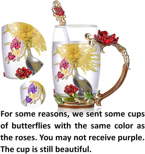 Kaiyuan Dynasty Tea Cup Set - 12oz Glass Coffee Mugs with Enamel Rose Flower Butterfly and Spoon for Birthday Wedding