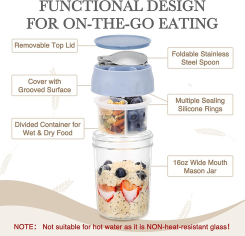 4 Pack 16oz (4 Set-Oat SOLIGT Overnight Oats Containers with Lids, Folding Spoons and Divided Compartments for Fruit