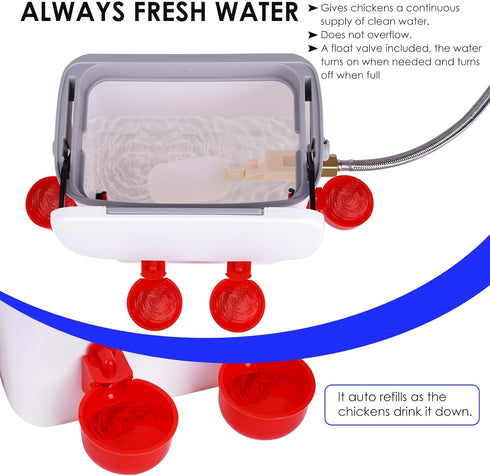 4 (2 Automatic Chicken Waterer with Float Valve Kit Hose Attachment and Poultry Water Cups, Duck Chicken Water Feeder