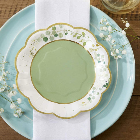 Kate Aspen Sage Green Party Decorations, Eucalyptus Floral Print 7 in. Decorative Paper Plates, Set of 16 for Showers