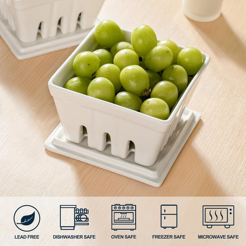 5 Inch Set 2, Dizada Ceramic Berry Basket with Lids, Fruit Bowl/Baskets with Covers, Colander For Kitchen, Fruit Bowls