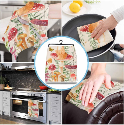 Mushroom Fox Kitchen Towels, Absorbent Microfiber Dish Towels with Eucalyptus Botanical Flower Leaves Herbs (2-PC)