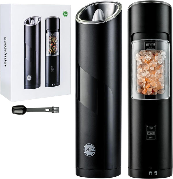 Gravity Electric Salt and Pepper Grinder Set - Adjustable Coarseness, One-Handed Operation, Battery Powered, Black
