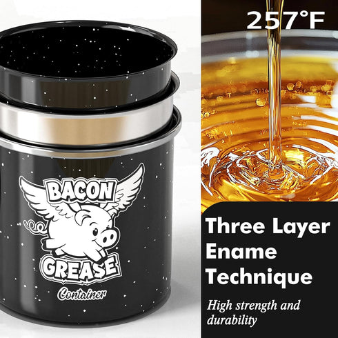15OZ 15OZ) PGYARD Mini Bacon Grease Container With Strainer - Farmhouse Enamel Grease Saver (Black