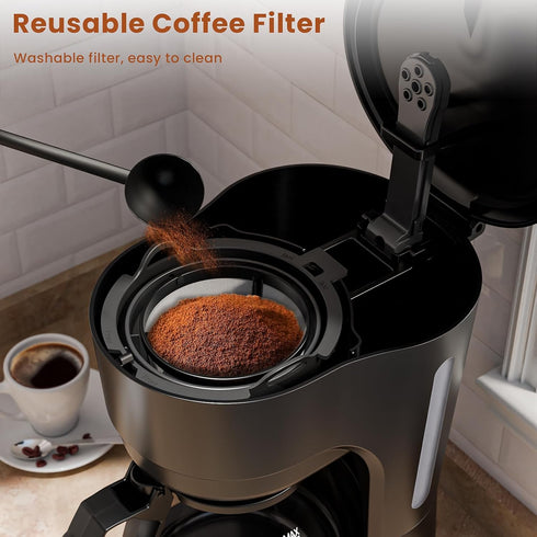 5 Programmable 25oz WAA Cup Drip Coffee Maker, Portable Coffee Machine with Glass Pot, Includes Hot Plate and Reusable