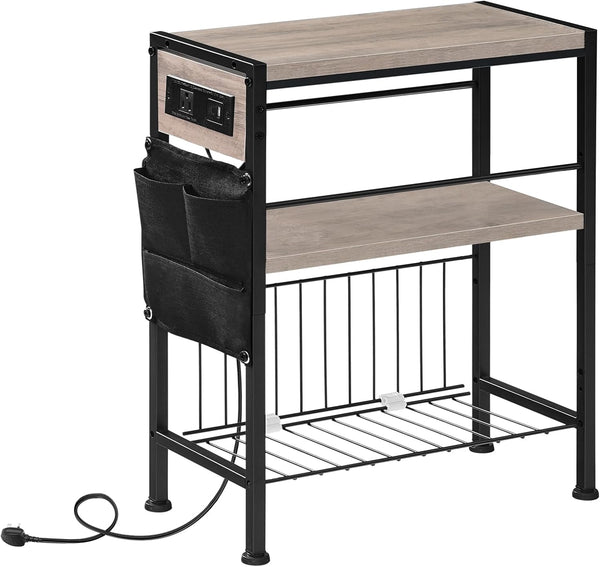 HOOBRO End Table with Charging Station, Small Side Table with Magazine Holder,