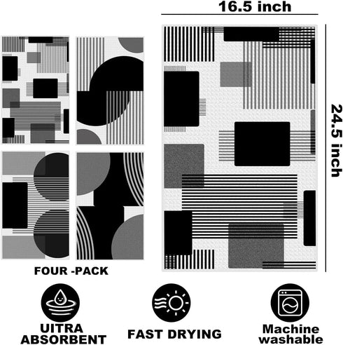 Hanamiya Na 4 Pcs Abstract Black and White Kitchen Towels, Abstract Decor Tea Hand Towel, Microfiber Dish Cloths