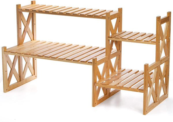 Lawei 2 Tier Bamboo Tabletop Plant Stand, Adjustable Flower Pot Holder Shelf
