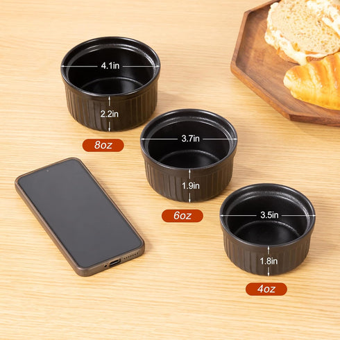 Yachi Ramekins Black, 4 oz 6 Pieces Ceramic Baking Ramekin Set for Sauces, Dipping, Onion Soup, Lava Cake