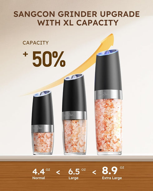 Set 9OZ Set Sangcon Gravity Electric Salt and Pepper Grinder Shakers UPGRADED XL CAPACITY Battery Powered Refillable