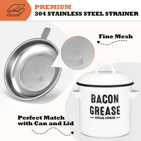 46OZ Bacon Grease Container with Strainer - Large Kitchen Oil Storage Can, Food Saver Bin with Lid | Farmhouse Cooking