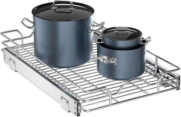 OCG Pull Out Cabinet Organizer (12" W x 21" D), Slide Out Drawers for Kitchen Cabinets, Chrome Finish - Bottom Mount