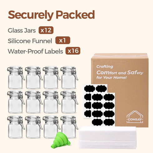 Set 12 (4 Oz), ComSaf of Square Glass Spice Jars with Airtight Lids Mini Favor Jars with Wire Clamp for Honey, Herbs