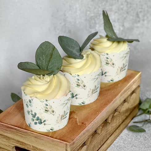 100Pcs Eucalyptus Leaf Paper Baking Cups, Green Gold Foil Leaves Cupcake Wrappers for Parties