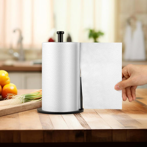 Black Paper Towel Holder - Weighted Countertop Stand for Kitchen and Bathroom, Steady Paper Roll Holder