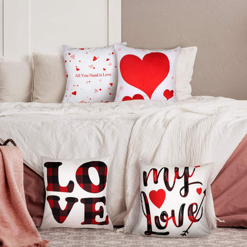 Set of 4 Valentine Throw Pillow Cases, 18x18 Inch Romantic Red Heart Cushion Covers for Sofa Decor