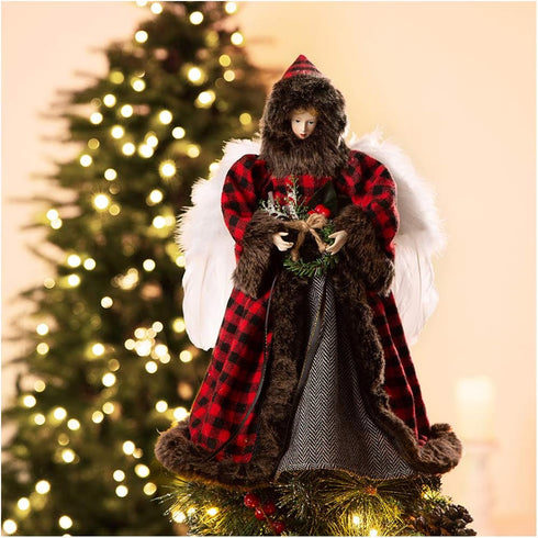 Glitzhome Handmade Plaid Angel Figurine Christmas Treetop Ornament, 12" H, Red & Black