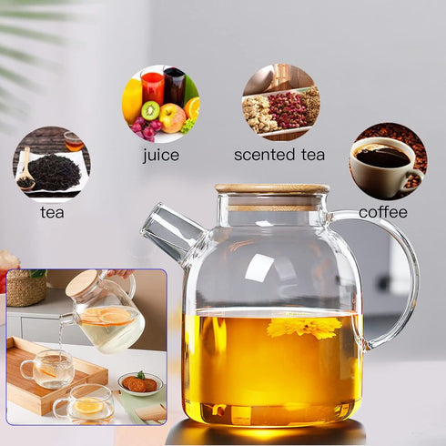 Glass Teapot with Strainer, Stovetop & Microwave Safe Borosilicate Glass Kettle, 60.8oz/1800ml, Wooden Lid