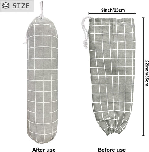 SYIPO Plastic Bag Holder, Wall Mount Organizer, Shopping Bags Carrier, Washable Large Grocery Storage Dispenser for Home Kitchen Travelling, Free Adjustment with Drawstring (Check Gray) by SYIPO