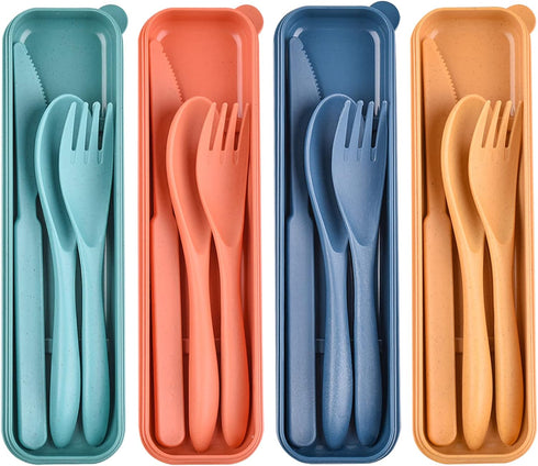 Reusable Wheat Straw Cutlery with Case, Portable Dark Utensils Set for 4 People, Eco-Friendly, Dishwasher Safe