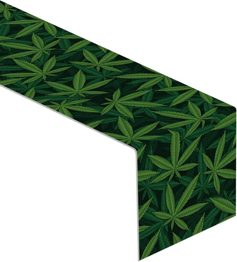 Sunwer Linen Table Runner with Marijuana Leaf Pattern, 13" x 72", Green, Modern Design for Kitchen Dining & Parties