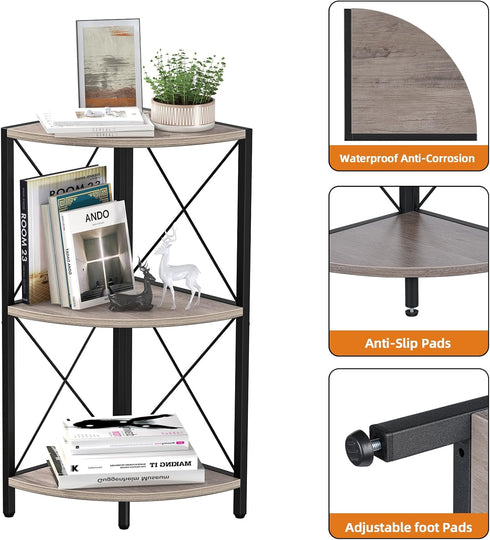 Snughome 3-Tier Corner Shelf for Desktop, Grey Freestanding Corner Storage Organizer with Metal Frame Display Rack
