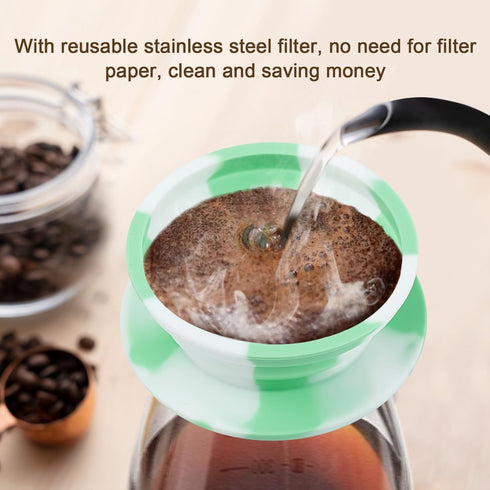 Paperless Travel Camping Pour Over Coffee Maker with Stainless Steel Filter, Collapsible Travel Pour Over Coffee Dripper Kit, Silicone Backpacking Coffee Maker Single Serve Pour Over