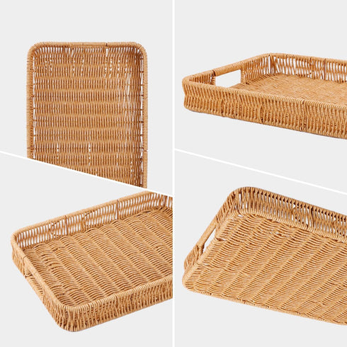 3pcs Rectangular Serving Tray with Handles, Decorative Wicker Organizer Baskets Storage Tray for Coffee Table, Bread